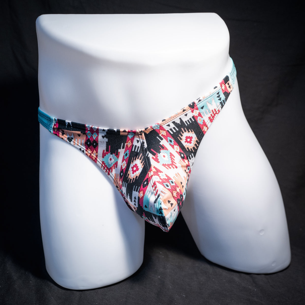 Men's native American patterned thong underwear, classic cut, front view.