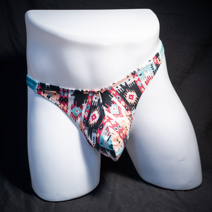 Men's native American patterned thong underwear, classic cut, front view.