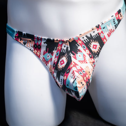 Men's native American patterned thong underwear, classic cut, front view.