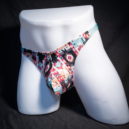 Men's native American patterned thong underwear, classic cut, front view.