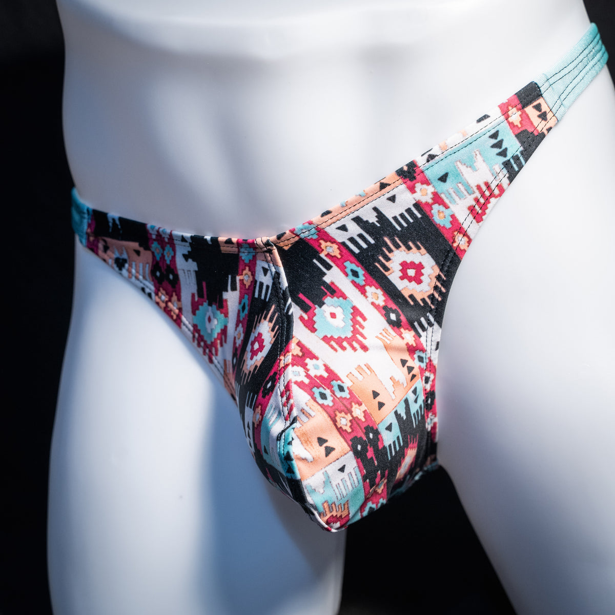 Men's native American patterned thong underwear, classic cut, front view.
