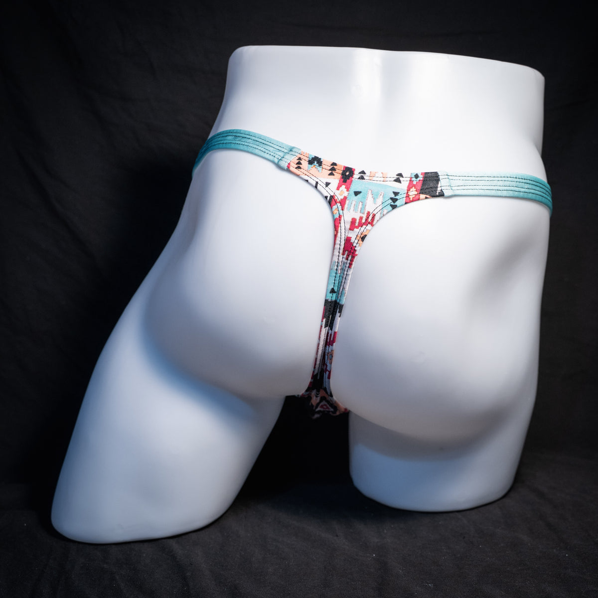 Men's native American patterned thong underwear, classic cut, rear view.
