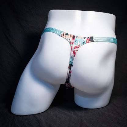 Men's native American patterned thong underwear, classic cut, rear view.