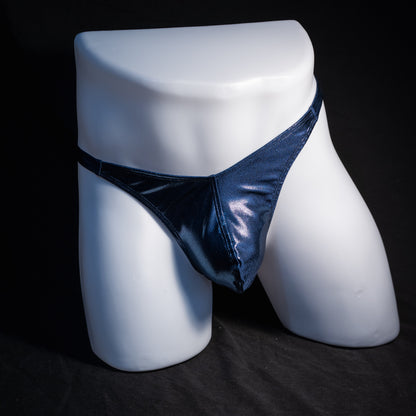 Men's navy blue metallic thong underwear, classic cut, front view.
