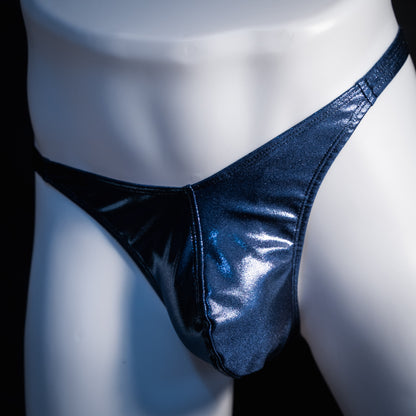 Men's navy blue metallic thong underwear, classic cut, front view.