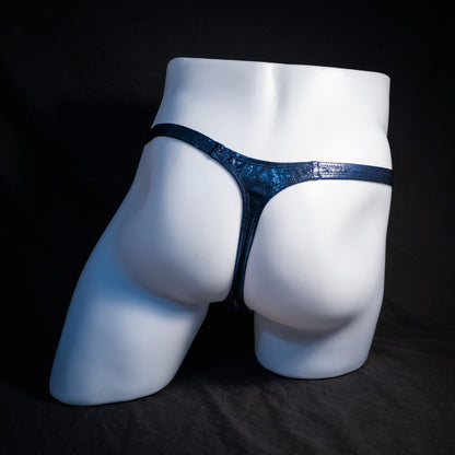Men's navy blue metallic thong underwear, classic cut, rear view.