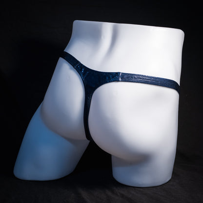 Men's navy blue metallic thong underwear, classic cut, rear view.