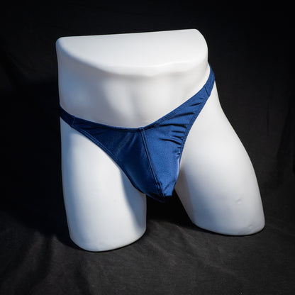 Men's navy blue thong underwear, classic cut, front view.