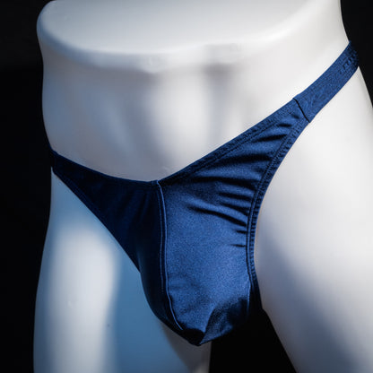 Men's navy blue thong underwear, classic cut, front view.