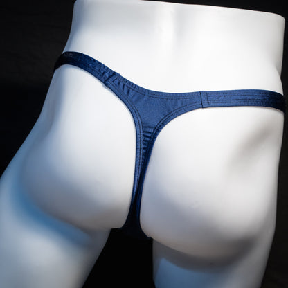 Men's navy blue thong underwear, classic cut, rear view.