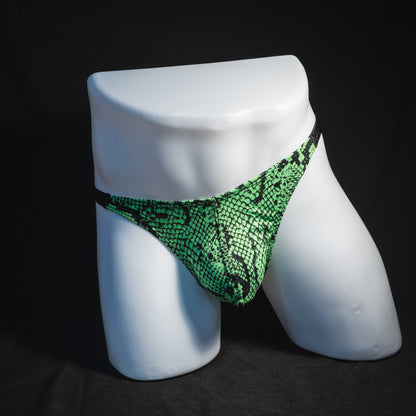 Men's neon green snakeskin thong underwear, classic cut, full front view.