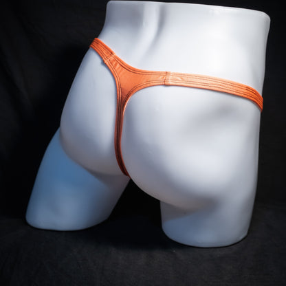 Men's neon orange thong underwear, classic cut, rear view.