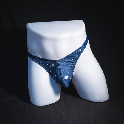 Men's blue suns and moons thong underwear, classic cut, Full front view