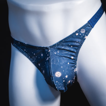 Men's blue suns and moons thong underwear, classic cut, Front angled view