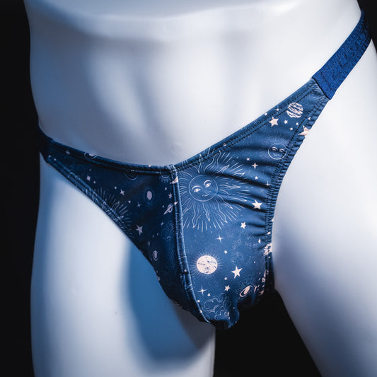 Men's blue suns and moons thong underwear, classic cut, Front angled view