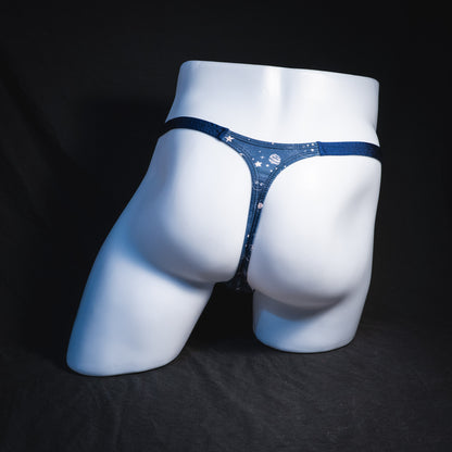 Men's blue suns and moons thong underwear, classic cut, Full rear view