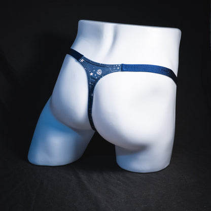 Men's blue suns and moons thong underwear, classic cut, Full rear angled view