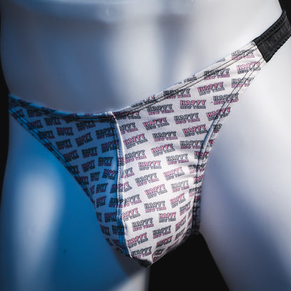 Men's new years thong underwear with black straps, classic cut, angled front view.