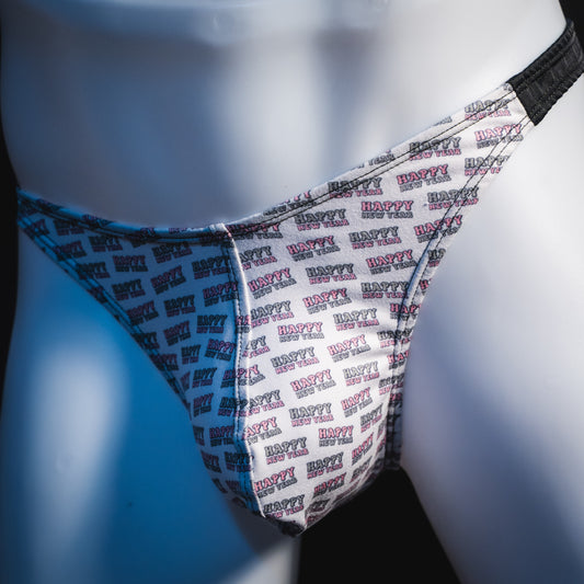 Men's new years thong underwear with black straps, classic cut, angled front view.