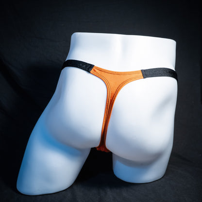Men's orange and black Halloween thong underwear, classic cut, rear view.