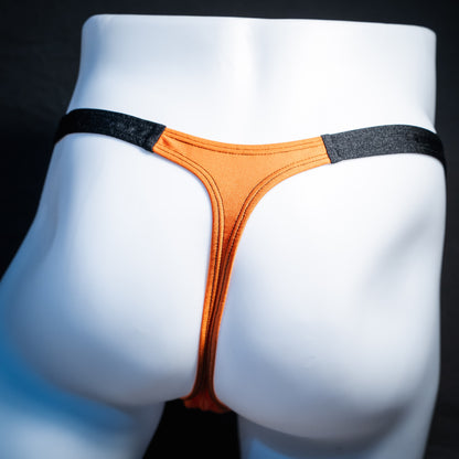 Men's orange and black Halloween thong underwear, classic cut, rear view.