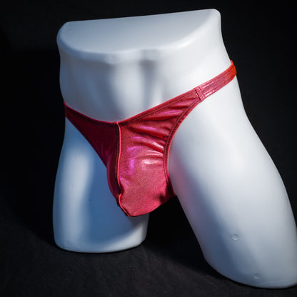 Men's orange fuchsia metallic thong underwear, classic cut, front view.
