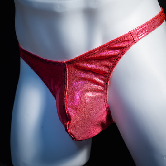 Men's orange fuchsia metallic thong underwear, classic cut, front view.