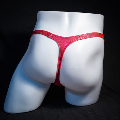 Men's orange fuchsia metallic thong underwear, classic cut, rear view.