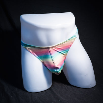 Men's pastel rainbow striped thong underwear, classic cut, Full front view
