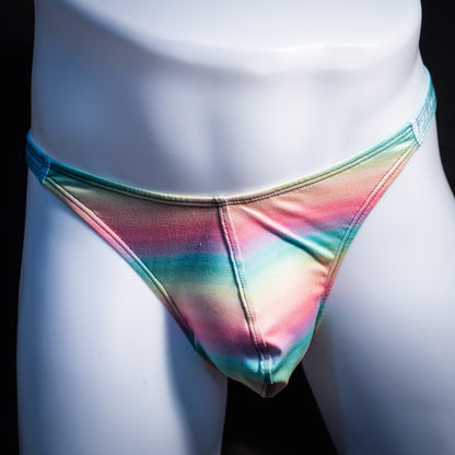 Men's pastel rainbow striped thong underwear, classic cut, Front view