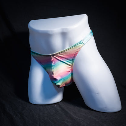 Men's pastel rainbow striped thong underwear, classic cut, Angled full front view