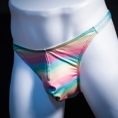Men's pastel rainbow striped thong underwear, classic cut, Angled front view