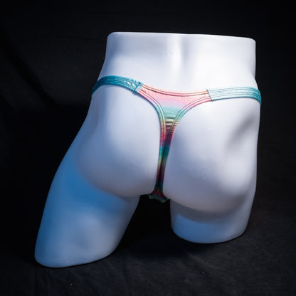 Men's pastel rainbow striped thong underwear, classic cut, Full rear view