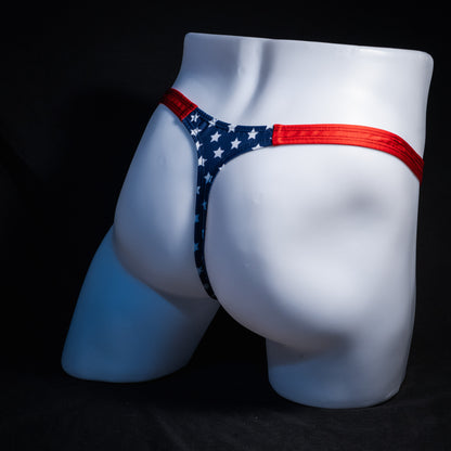 Men's patriotic thong underwear, classic cut, Full angled rear view