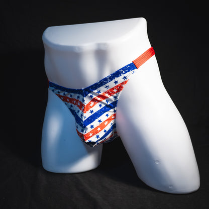 Men's patriotic thong underwear, classic cut, Full front angled view
