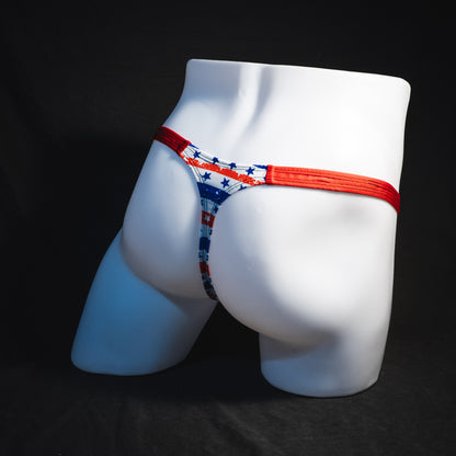 Men's patriotic thong underwear, classic cut, Full angled rear view