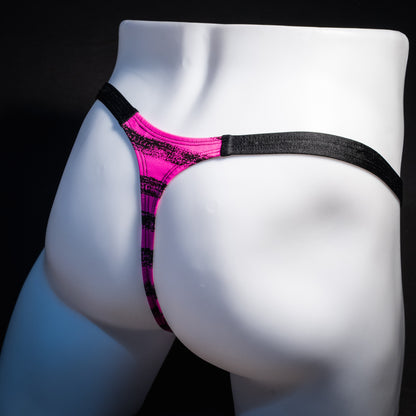 Men's pink and black striped thong underwear, classic cut, rear view.