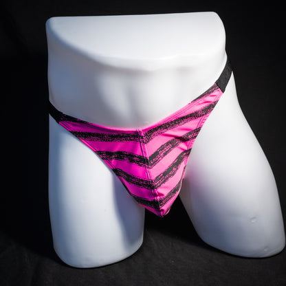 Men's pink and black striped thong underwear, classic cut, front view.