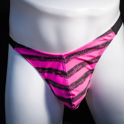 Men's pink and black striped thong underwear, classic cut, front view.