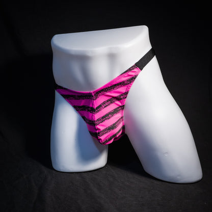 Men's pink and black striped thong underwear, classic cut, front view.