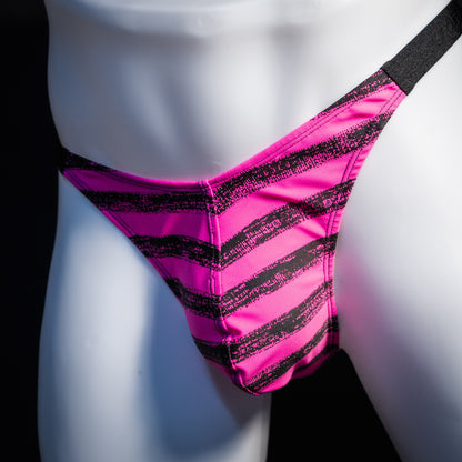Men's pink and black striped thong underwear, classic cut, front view.