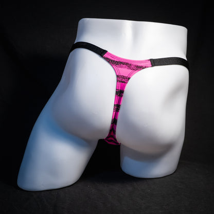 Men's pink and black striped thong underwear, classic cut, rear view.