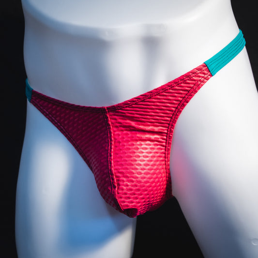Men's pink and blue mesh thong underwear, classic cut, Front angled view