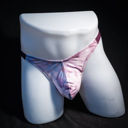 Men's pink cotton candy thong underwear, classic cut, front view.