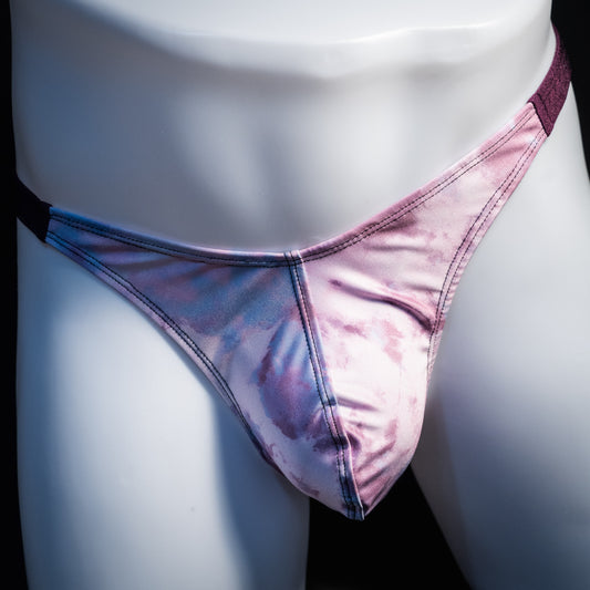 Men's pink cotton candy thong underwear, classic cut, front view.