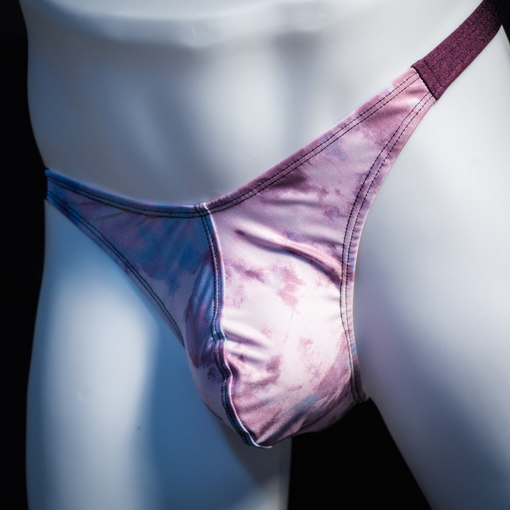 Men's pink cotton candy thong underwear, classic cut, front view.