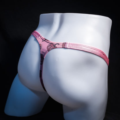 Men's pink pumpkins autumn thong underwear, classic cut, rear view.