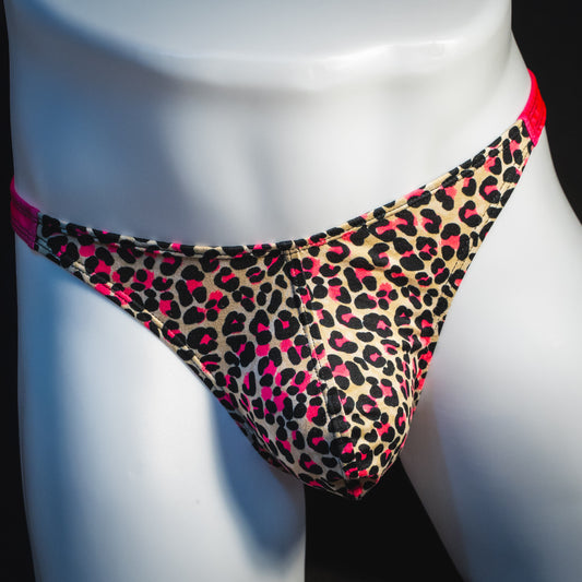 Men's pink leopard thong underwear, classic cut, front view.