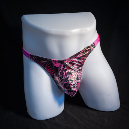 Men's pink metallic snakeskin thong underwear, classic cut, front view.