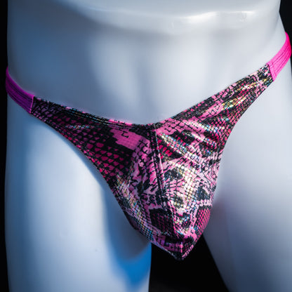 Men's pink metallic snakeskin thong underwear, classic cut, front view.